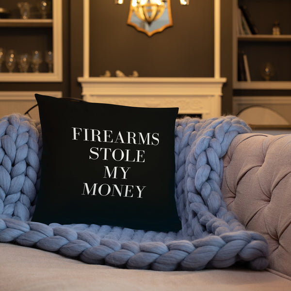 Firearms Stole My Money Dry Fire Pillow, Black Silhouette Target