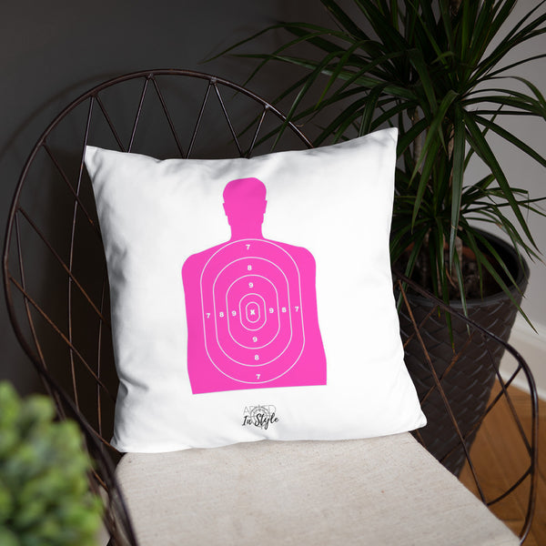 Firearms Stole My Money Dry Fire Pillow, Pink Silhouette Target