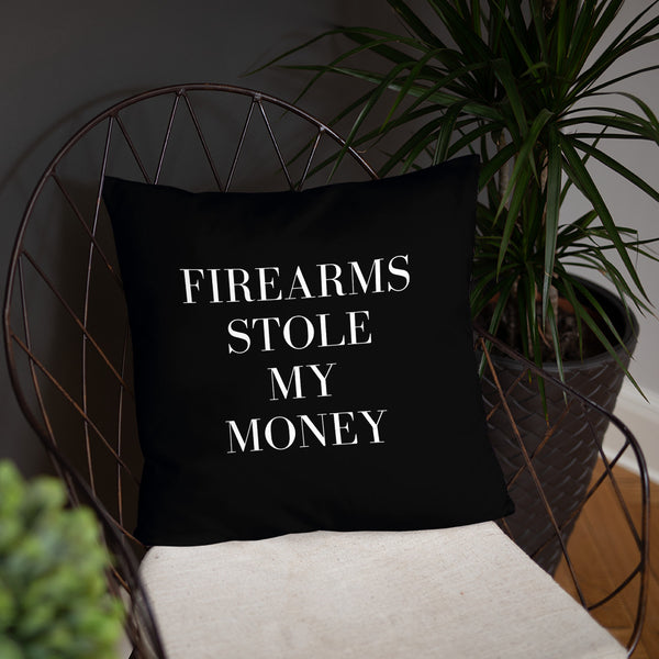 Firearms Stole My Money Dry Fire Pillow, Pink Silhouette Target