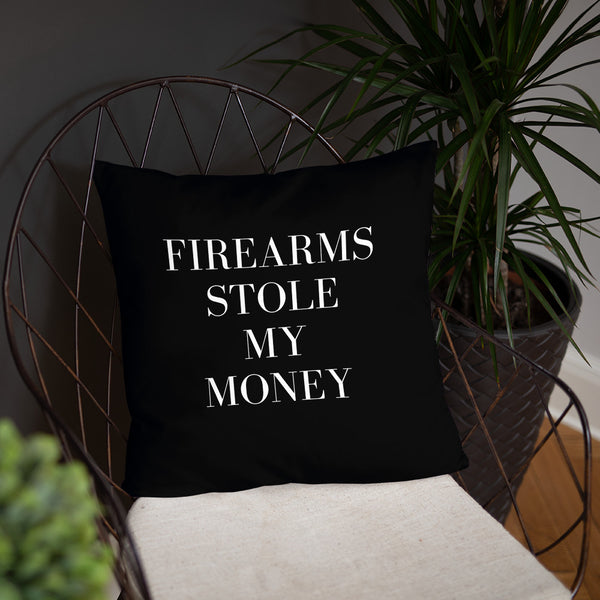 Firearms Stole My Money Dry Fire Pillow, Black Silhouette Target