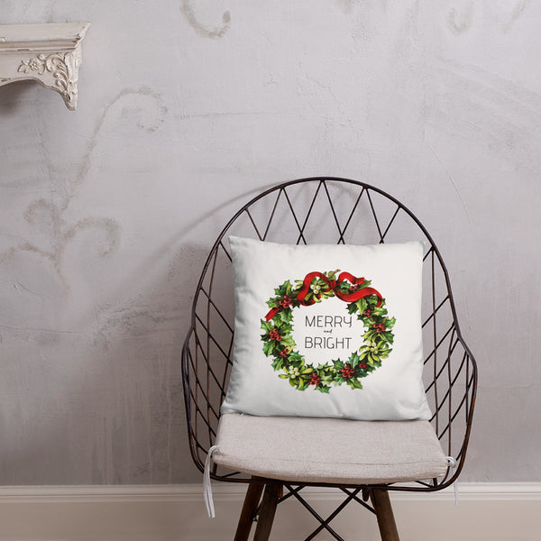 Merry and Bright Vintage Christmas Wreath Dry Fire Pillow