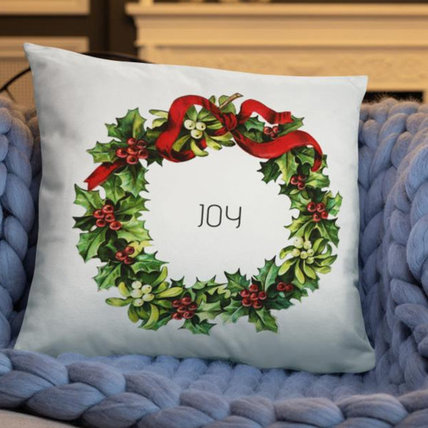 Joy Vintage Christmas Wreath Dry Fire Pillow