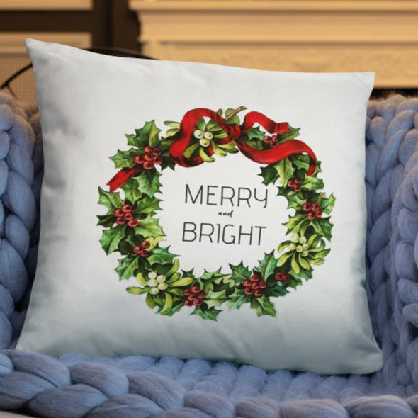 Merry and Bright Vintage Christmas Wreath Dry Fire Pillow